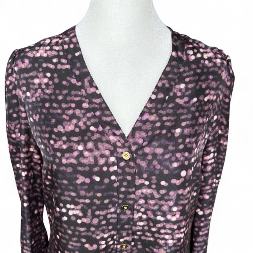 Tory Burch Silk Blouse Purple Black Blurred Dot XS Career Business Designer Luxe - Picture 3 of 16